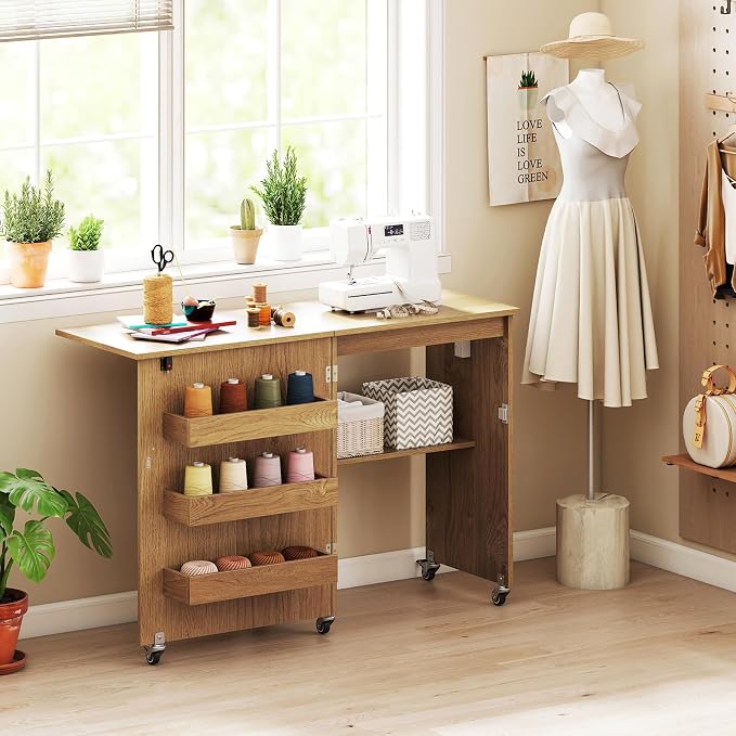 Giantex Folding Sewing Table with Charging Station, Rolling Craft Table with Storage Trays & Shelf, Foldable Sewing Machine Cabinet Desk with Lockable Wheels for Small Spaces (Natural)