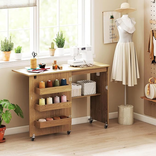 Giantex Folding Sewing Table with Charging Station, Rolling Craft Table with Storage Trays & Shelf, Foldable Sewing Machine Cabinet Desk with Lockable Wheels for Small Spaces (Natural)
