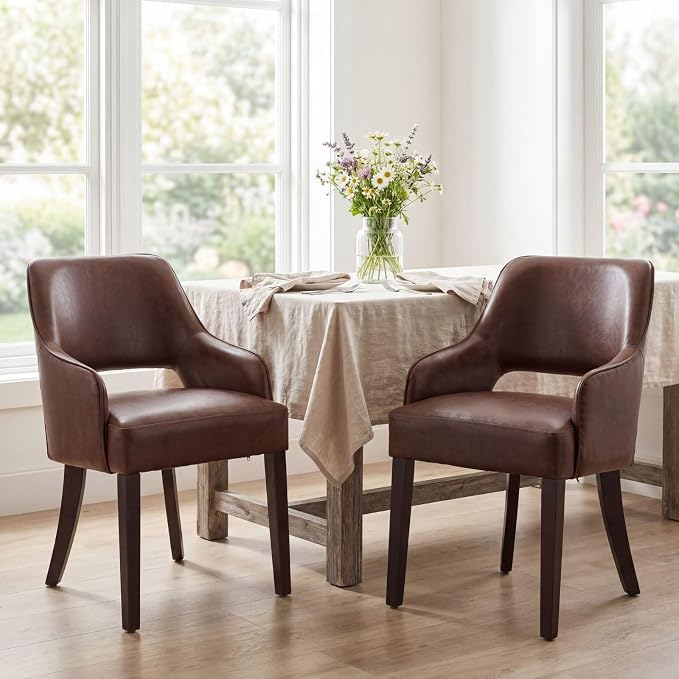 Faux Leather Upholstered Dining Chairs Set of 4 with Arms | Brown faux leather upholstery, solid wood legs, curved open back, padded seat, easy-care surface, dining room, kitchen