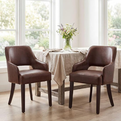Faux Leather Upholstered Dining Chairs Set of 4 with Arms | Brown faux leather upholstery, solid wood legs, curved open back, padded seat, easy-care surface, dining room, kitchen