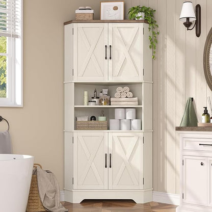 Befrases Corner Cabinet, 67''H Kitchen Pantry Storage Cabinet, 6-Tier Corner Food Pantry Hutch with 4 Barn Doors and Shelves, Tall Farmhouse Furniture for Kitchen Dining Living Room, White
