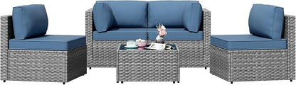 Patio Furniture Sets, 5 Piece Outdoor Sectional Sofas, Wicker Rattan Outdoor Furniture Patio Conversation Set, All-Weather PE Rattan Outdoor Couch for Backyard, Garden, Gray & Aegean Blue