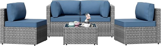 Patio Furniture Sets, 5 Piece Outdoor Sectional Sofas, Wicker Rattan Outdoor Furniture Patio Conversation Set, All-Weather PE Rattan Outdoor Couch for Backyard, Garden, Gray & Aegean Blue