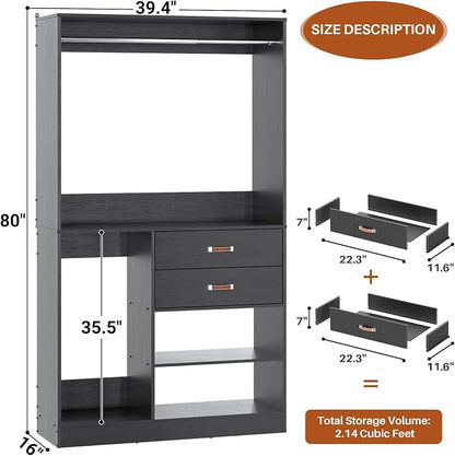 Armocity Freestanding Closet System with Suitcase Storage, 40 Inches Stand-alone Wardrobe with 2 Wood Drawers, 80'' Height Adjustable Cloth Garment Rack, Walk-in Closet with Hanging Rod, Black