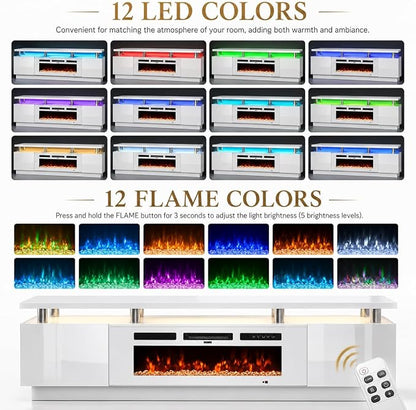 70" TV Stand for Living Room, Entertainment Center & Media Console with Storage, Fits TVs up to 80", Modern TV Cabinet with Shelves, 36" Electric Fireplace (All White)