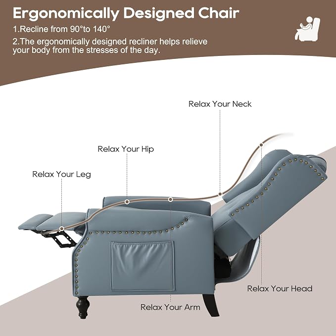 Wingback Recliner Chair with Massage and Heat, Tufted PU Leather Push Back Arm Chair for Living Room Vintage Recliner Chair with Remote Control, Padded Cushion, Backrest (Blue-PU)