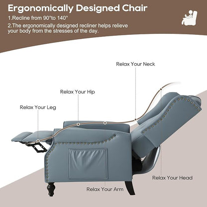 Wingback Recliner Chair with Massage and Heat, Tufted PU Leather Push Back Arm Chair for Living Room Vintage Recliner Chair with Remote Control, Padded Cushion, Backrest (Blue-PU)