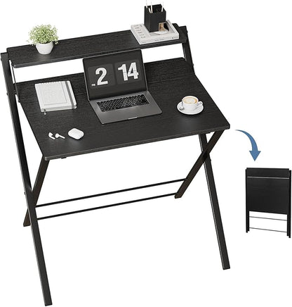 DUMOS Small Folding Desk with Shelf, No-Assembly Foldable Computer Desk for Tight Spaces, Portable Table for Bedroom, Home Office, Dorm or Apartment, Ink