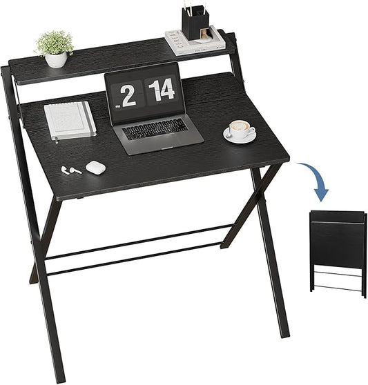 DUMOS Small Folding Desk with Shelf, No-Assembly Foldable Computer Desk for Tight Spaces, Portable Table for Bedroom, Home Office, Dorm or Apartment, Ink