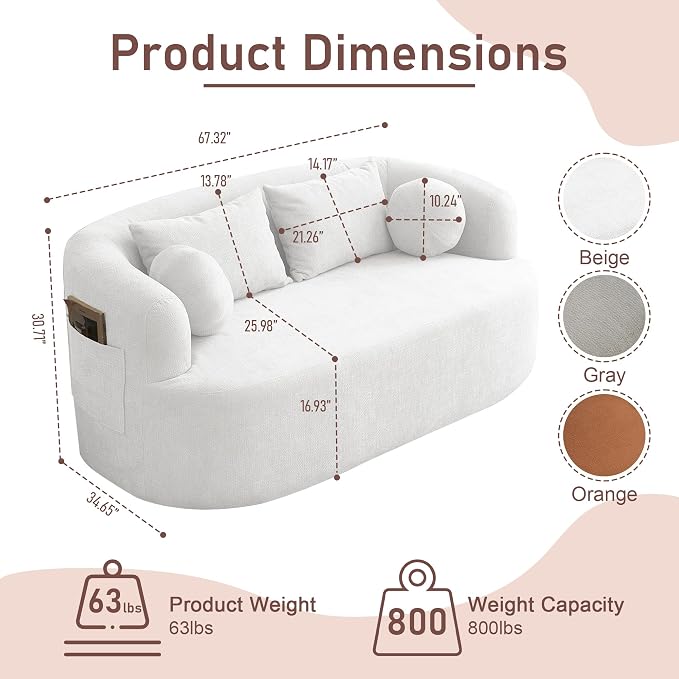 Loveseat Sofa for Small Space, 67.3" Boneless Love Seat Sofa with Side Pocket & 4 Pillows, Foam and Spring Filling, Soft Chenille for Living Room, Apartment, Bedroom, No Assembly