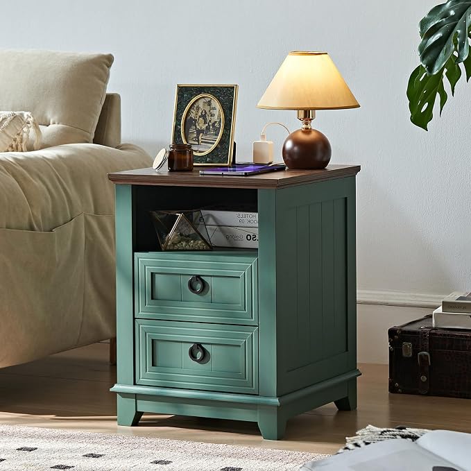 Joaxswe 18" Farmhouse Night Stand with Charging Station, 2 Drawers Bedside End Table, Green Wooden Nightstand, Bed Side Table Cabinet with Open Shelf for Bedroom Living Room Office