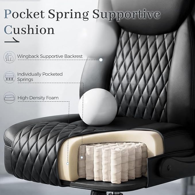 GTPOFFICE Executive Office Chair with Comfortable Lumbar Support, Ergonomic Gaming Chair with Flip-up Armrests & Zoned Pressure-Relief Cushion, Comfy PU Leather Desk Chair, Black