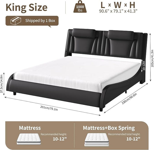 Keyluv King Size LED Bed Frame with Adjustable Headboard & Wave-Like Curve Safety Design, PU Leather Upholstered Platform Bed, Solid Wooden Slats Support, Easy Assembly, Black
