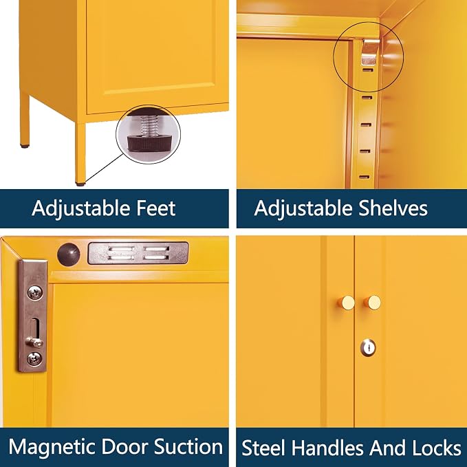36" H Metal Storage Cabinet with Recessed Door & 2 Adjustable Shelves, Freestanding Metal Sideboard Organizer for Kitchen, Living Room, Entryway, Yellow
