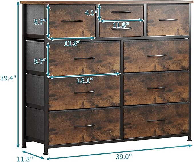 LUMTOK 10-Drawer Dresser, Fabric Storage Tower with Drawers for Bedroom, Dresser Drawer with Handle for Bedroom, Living Room, Hallway, Closets & Nurseryteel Frame, Wood Top (10 Drawer/Rustic Brown)