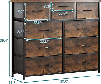 LUMTOK 10-Drawer Dresser, Fabric Storage Tower with Drawers for Bedroom, Dresser Drawer with Handle for Bedroom, Living Room, Hallway, Closets & Nurseryteel Frame, Wood Top (10 Drawer/Rustic Brown)