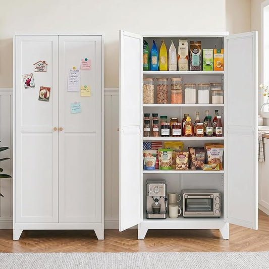 71" Metal Kitchen Pantry Cabinet with Dual Handles & Adjustable Legs, Freestanding Storage Cabinet with Doors and 4 Adjustable Shelves, Tall Food Pantry for Kitchen Dining Room, White