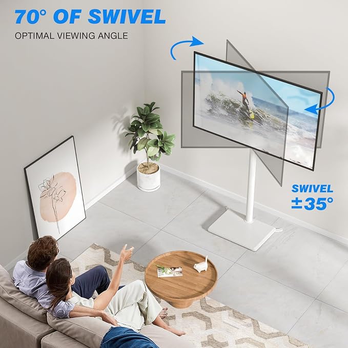 Rfiver Swivel Floor TV Stand with Mount for 28-60 inch TVs up to 88 lbs, Height Adjustable Tall TV Stand with Wood Base, Saving Space Design for Bedroom, Living Room and Corner, White