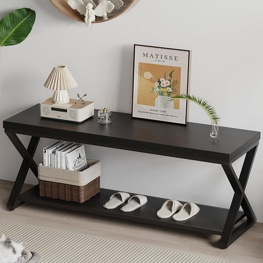 IBF Black Bench, Modern Entryway Bench for Bedroom, Wood Metal Storage Hallway Bench for Dining Living Room, Farmhouse Shoe Rack Indoor Accent Seating Bench for Foyer Entrance, Black Oak, 47 Inch Long
