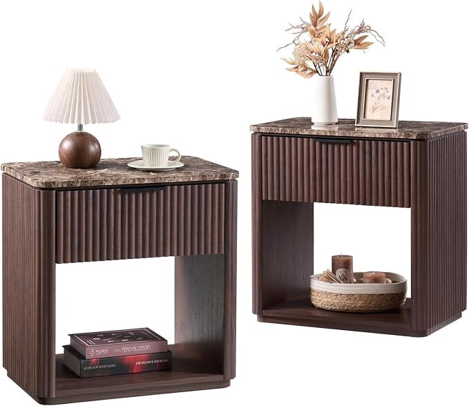 Fluted Nightstand Set of 2, 23" W Night Stand with Drawer, Wood Bed Side Table with Faux Marble-Top, Curved Corner, Metal Handle, Modern Bedside Table for Bedroom, Living Room, Office, Dark Oak