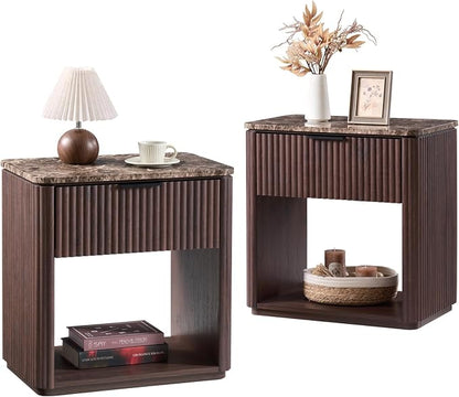 Fluted Nightstand Set of 2, 23" W Night Stand with Drawer, Wood Bed Side Table with Faux Marble-Top, Curved Corner, Metal Handle, Modern Bedside Table for Bedroom, Living Room, Office, Dark Oak