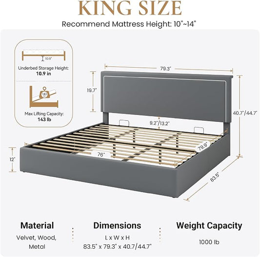 SHA CERLIN King Size Hydraulic Lift-Up Storage Platform Bed Frame with Charging Station, RGB LED Lights, Adjustable Velvet Headboard, USB-A and USB-C Ports, No Box Spring Needed, Grey