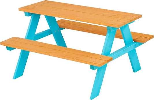 Teamson Kids - Wooden Outdoor Child Children Kids Picnic Table & Chair Bench Set - Brown/Aqua | Weather-Resistant Pine Wood, Seats 4 Children, Ideal for Backyard, Patio, Garden