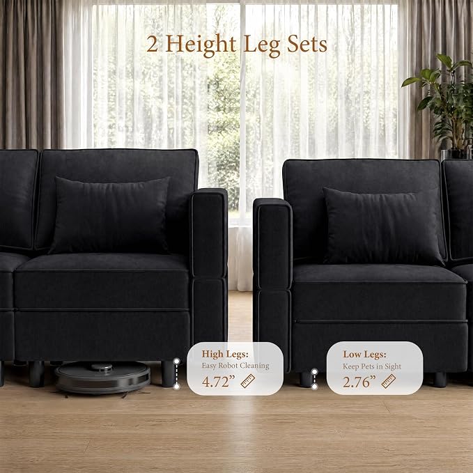 Vesgantti Sectional Sleeper Sofas with Storage, 118" Sofa Bed with 8 Seats Storage Chaises Removable Cover, Deep Seat Modular Couches Velvet Couch Set for Living Room, Apartment, Home Theater, Black
