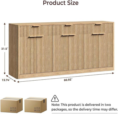 Evermagin 67" Fluted Oak Sideboard Buffet Cabinet with 3 Drawers, Modern Credenza with Storage, Console Coffee Bar Cabinet for Kitchen, Living Room and Entryway (67" W x 31.5" H x 15.7" D)