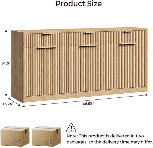 Evermagin 67" Fluted Oak Sideboard Buffet Cabinet with 3 Drawers, Modern Credenza with Storage, Console Coffee Bar Cabinet for Kitchen, Living Room and Entryway (67" W x 31.5" H x 15.7" D)