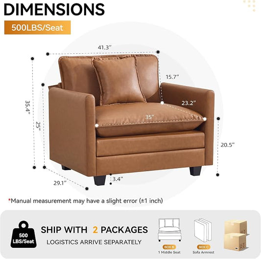 WUTUTUEE 41'' Modern Leather Oversized Chair, Upholstered Accent Living Room Chair with Extra Thicked Deep Seat, Single Lounge Chair for Bedroom, Small Apartment, Leather Light Brown