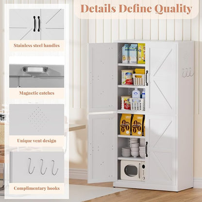 64" H White Steel Kitchen Pantry Storage Cabinet with Barn Doors | Metal Farmhouse Cabinets for Living Room, Bathroom, Heavy Duty Rustic Pantry