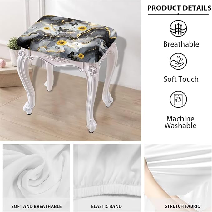 Marble Print Bar Stool Covers Rectangle 2 Pack Stool Covers Rectangular Butterfly Sunflower Stretch Vanity Chair Cover Washable Soft Barstool Covers Slipcovers Saddle Bar Stool Cover