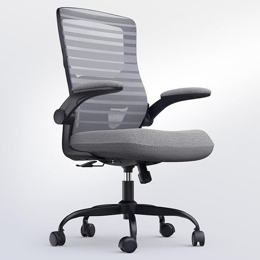 Office Desk Chair for Long Hours & Back Pain Relief – 4“ Thick Molded Foam Cushion, Enhanced Lumbar Support, Padded Flip-up Armrests, Ideal for Office or Study, Dark Gray