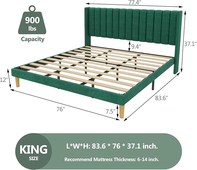 alazyhome Platform Bed Frame King Size with Upholstered Headboard, Solid Wood Slats Support, No Box Spring Needed, Noise Free, Easy Assembly, Modern Velvet Bed, Green