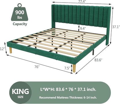 alazyhome Platform Bed Frame King Size with Upholstered Headboard, Solid Wood Slats Support, No Box Spring Needed, Noise Free, Easy Assembly, Modern Velvet Bed, Green