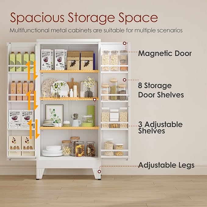 winiowa Metal Kitchen Pantry Storage Cabinet, Pantry Cabinet with Doors and Adjustable Shelves, Steel Storage Cabinet for Kitchen, Dining Room, Living Room-White