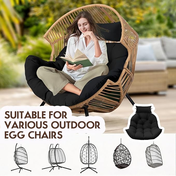 Outdoor Hanging Egg Chair Cushion Replacement, Thicken Egg Chair Cushion Waterproof Basket Eggs Chairs Cushion with Headrest Pillow, U-Shaped Cushions for Hanging Eggs Chairs Swing (Black)