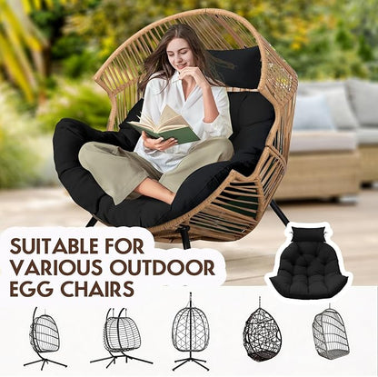 Outdoor Hanging Egg Chair Cushion Replacement, Thicken Egg Chair Cushion Waterproof Basket Eggs Chairs Cushion with Headrest Pillow, U-Shaped Cushions for Hanging Eggs Chairs Swing (Black)