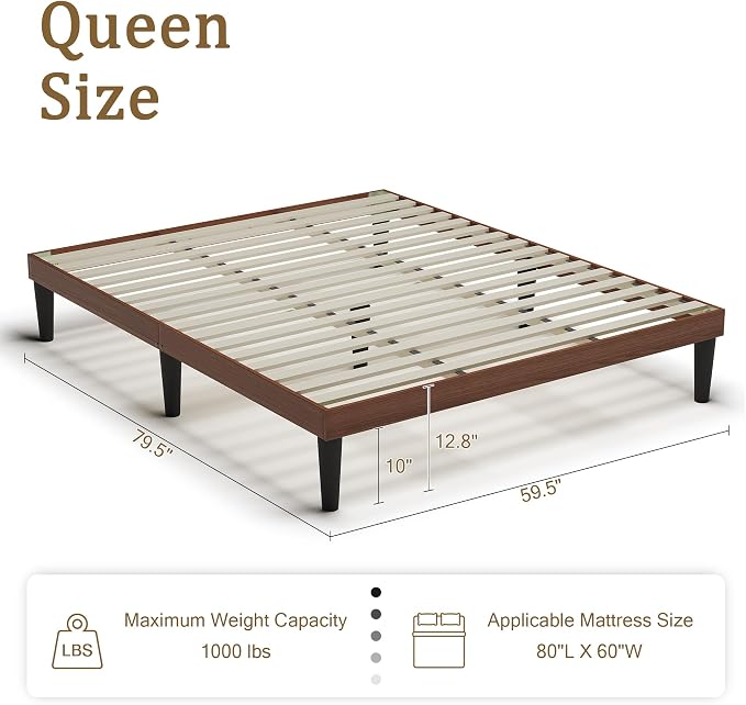 Yumori 12.9 Inch Minimalist Style Queen Size Bed Frame, Wood Platform Bed with Wood Slat Support, No Box Spring Needed, Easy Assembly, Walnut