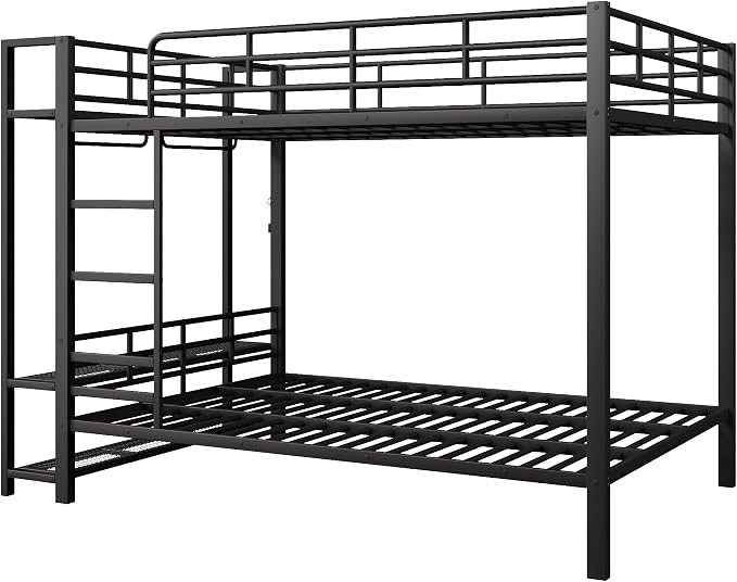 Bellemave Queen Over Queen Bunk beds, Metal Bunk Bed with Shelf and Guardrails,Queen Bunk beds with Storage Mesh Shelves and Clothes Hooks for Kids, Teens & Adults（Black）