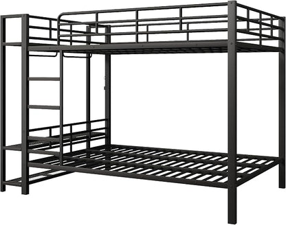 Bellemave Queen Over Queen Bunk beds, Metal Bunk Bed with Shelf and Guardrails,Queen Bunk beds with Storage Mesh Shelves and Clothes Hooks for Kids, Teens & Adults（Black）