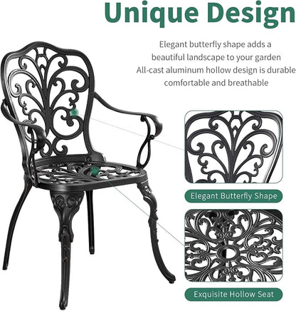 3 Piece Patio Bistro Set Cast Aluminum Bistro Table and Chairs Set of 2 with Umbrella Hole,All Weather Metal Bistro Table Set,Outdoor Patio Furniture Set for Garden(Butterfly Black)