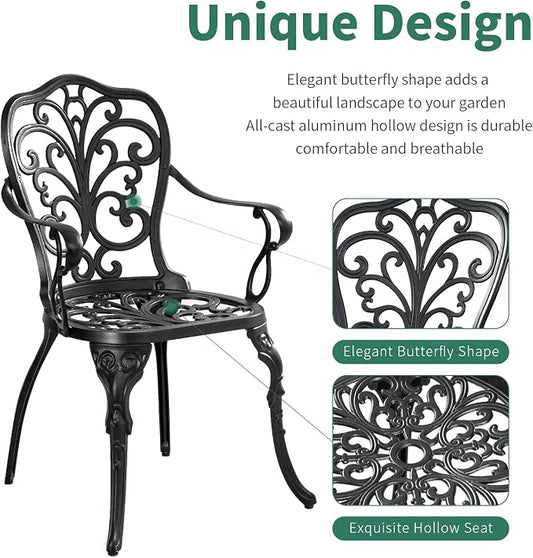 3 Piece Patio Bistro Set Cast Aluminum Bistro Table and Chairs Set of 2 with Umbrella Hole,All Weather Metal Bistro Table Set,Outdoor Patio Furniture Set for Garden(Butterfly Black)