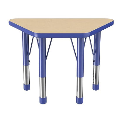 FDP Trapezoid Activity School and Classroom Kids Table (18 x 30 inch), Chunky Toddler Legs for Collaborative Seating Environments, Adjustable Height 15-24 inches - Maple Top and Blue Edge