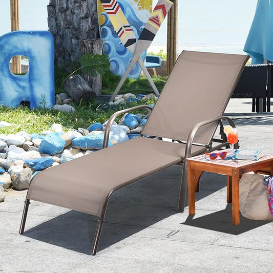 Giantex Patio Lounge Chair, Outdoor Chaise Lounge with 5 Adjustable Backrest, Sturdy Metal Frame, Sunbathing Recliner, Tanning Chairs for Outside, Beach, Yard, Balcony, Poolside, Brown