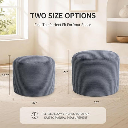 Stuffed Pouf Ottoman Foot Rest with 2.8-inch Solid Foam Base | Odorless Filling Resists Clumping, Washable Corduroy Cover, Round Foot Stool for Living Room Couch Lounging and Home Decor
