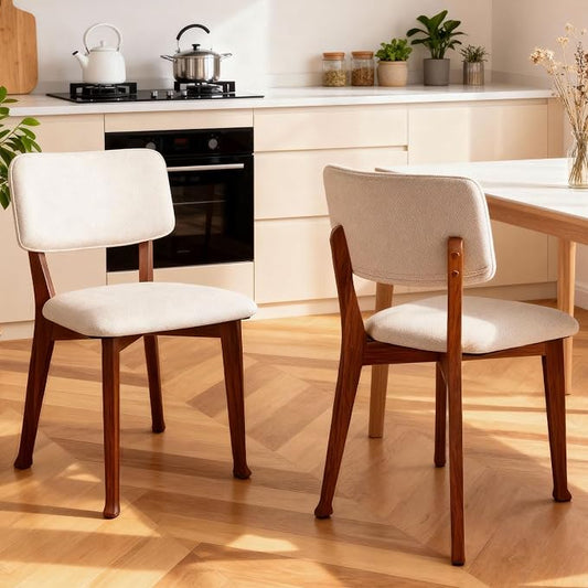 Wooden Dining Chairs Set of 2, Mid Century Modern Kitchen Chairs with Fabric Upholstered and Curved Backrest for Dining Room, Restaurant/Cafe, Walnut