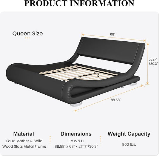 SHA CERLIN Queen Size Upholstered Bed Frame, Deluxe Low Profile Sleigh Bed with Faux Leather Ergonomics Headboard, No Box Spring Needed & Easy Assembly, Black