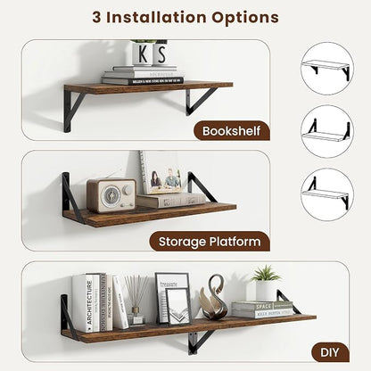 Axeman 20 Inch Floating Shelves | 8 Inch Deep Brown Wall Shelves Set of 2 | 20''W x 8''D Rustic Brown Wood Shelves for Bathroom Living Room Bedroom Kitchen